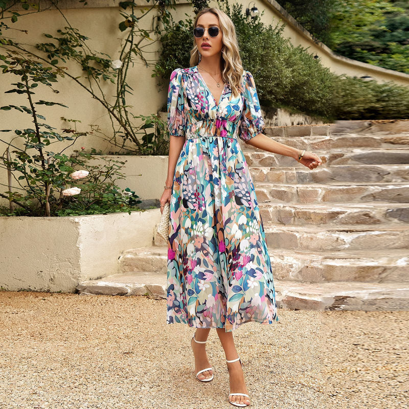 V-Neck Printed Summer Maxi Dress